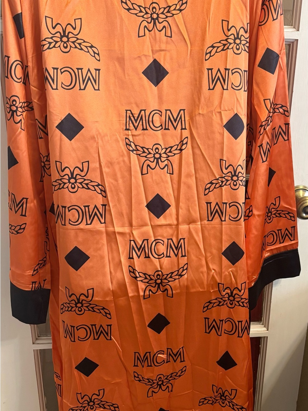 Peach Satin Robe with Black Trim and Tie Belt - Picture 5 of 8